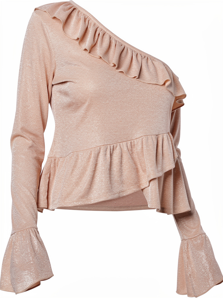 Glitter Knit One Shoulder Top with Ruffle Detail