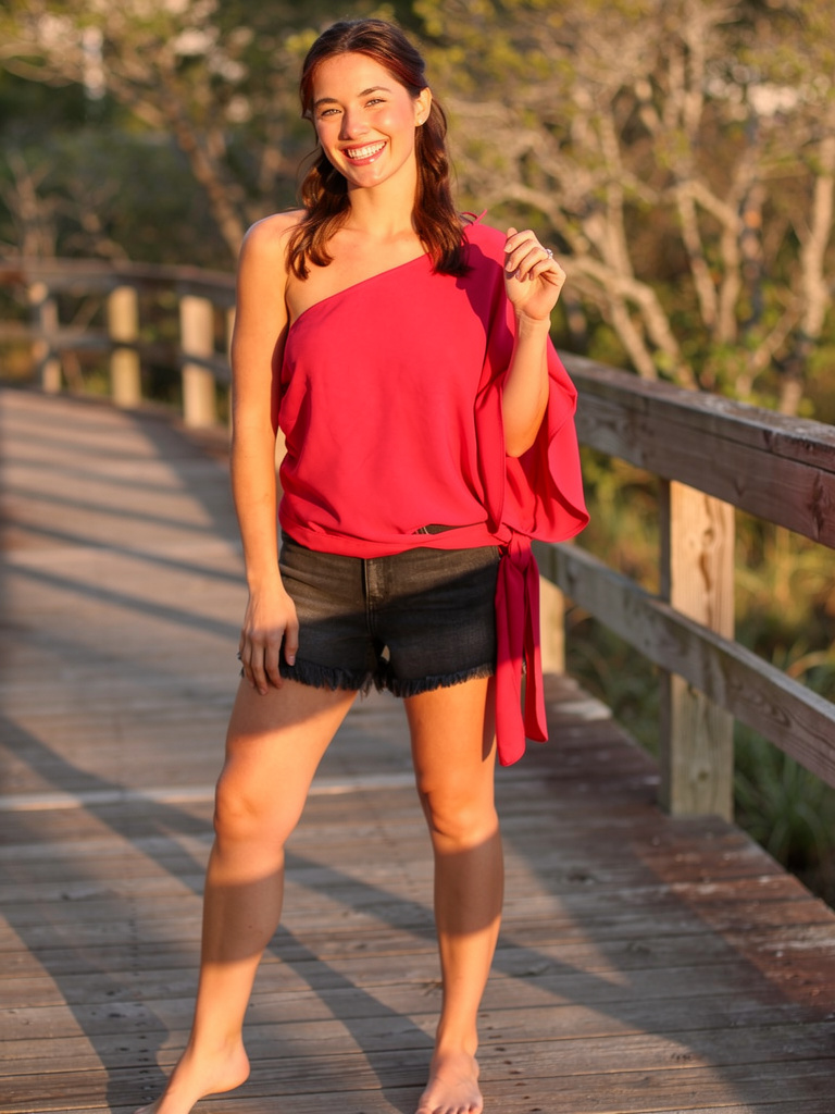 One Shoulder and Waist Tie Top with One Side Ruched Detail