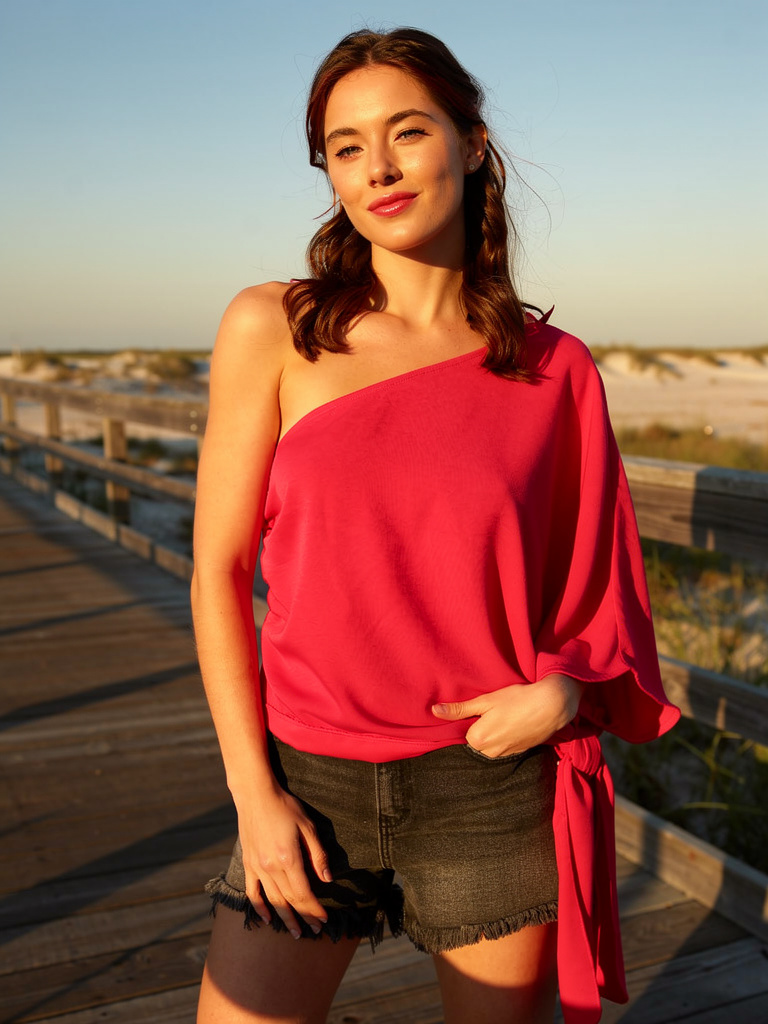 One Shoulder and Waist Tie Top with One Side Ruched Detail